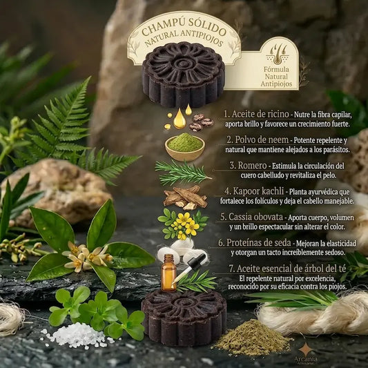 Champu Solido Natural Antipiojos Aceite de Ricino Arbol del te Romero Neem hecho a mano arcania artesania