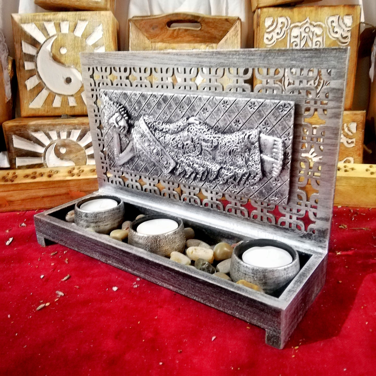 Portavelas Buda Tumbado Plateado