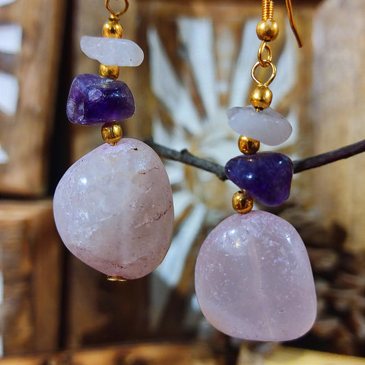 Pendientes Rodado Cuarzo Rosa y Amatista
