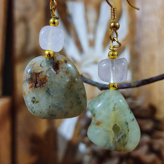 Pendientes Rodado Prehnita y Cuarzo Rosa