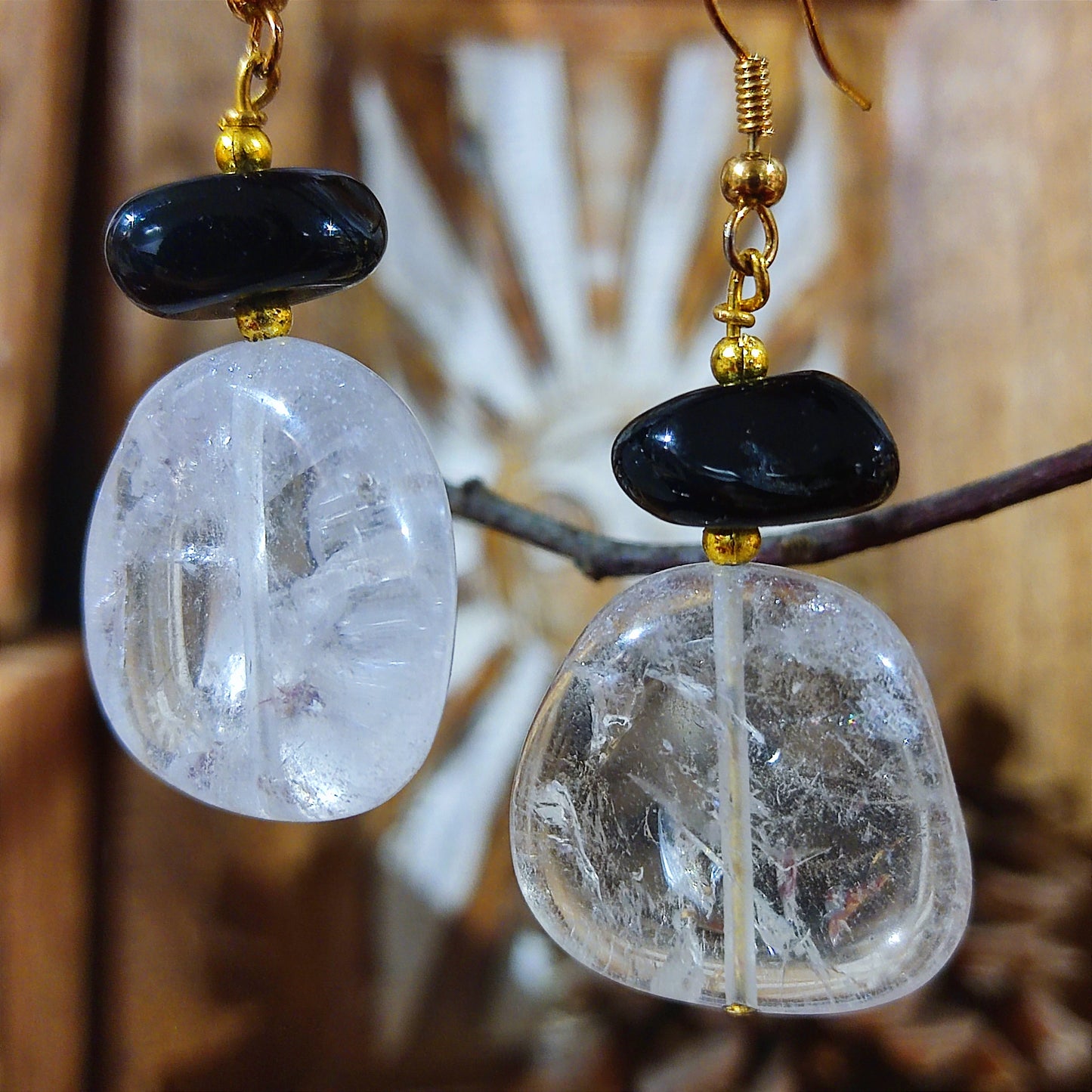 Pendientes Rodado Cuarzo Cristal y Ónix