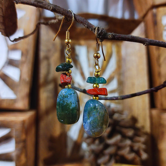 Pendientes Rodado Ágata Musgosa y Jaspe Rojo