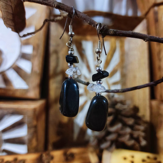 Pendientes Rodado Cuarzo Cristal y Ónix