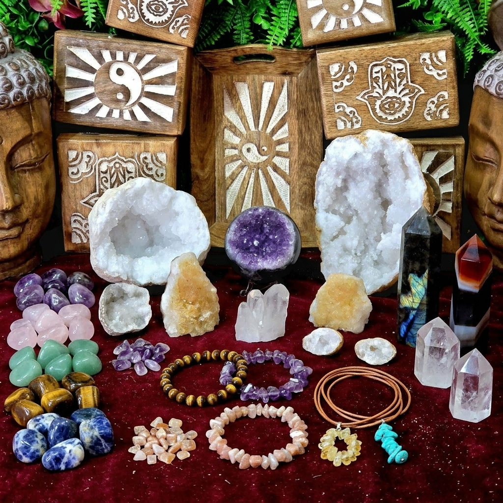 Minerales naturales, drusas, geodas, puntas, rodados, pendientes, pulseras, collares, lámparas 
