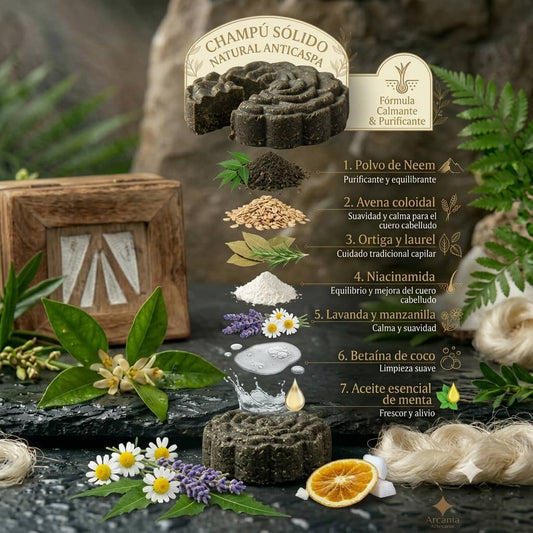 Champú Sólido Natural Anticaspa - Manzanilla / Laurel / Neem / Romero, Arcania Artesanía