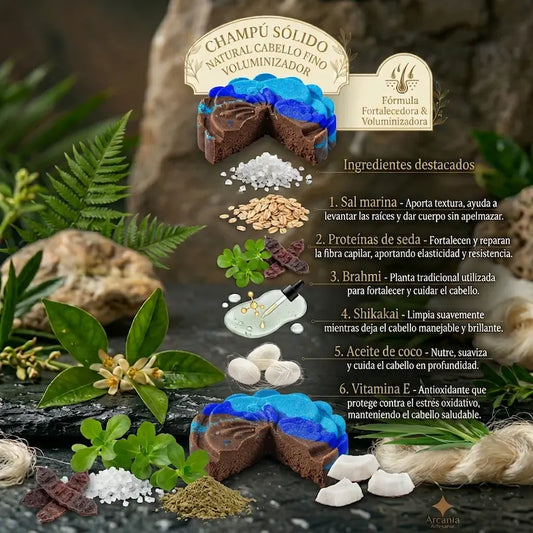 Champú Sólido Natural Cabello Fino Voluminizador - Sal marina / Proteínas de seda / Shikakai