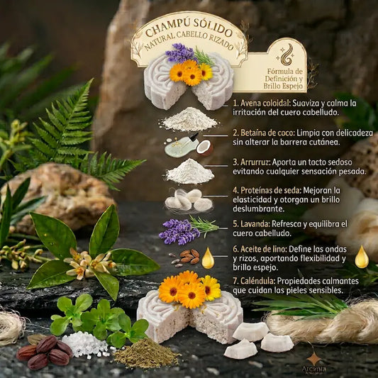 Champu Solido Natural Cabello Rizado Avena Proteinas de seda Lavanda Lino hecho a mano arcania artesania