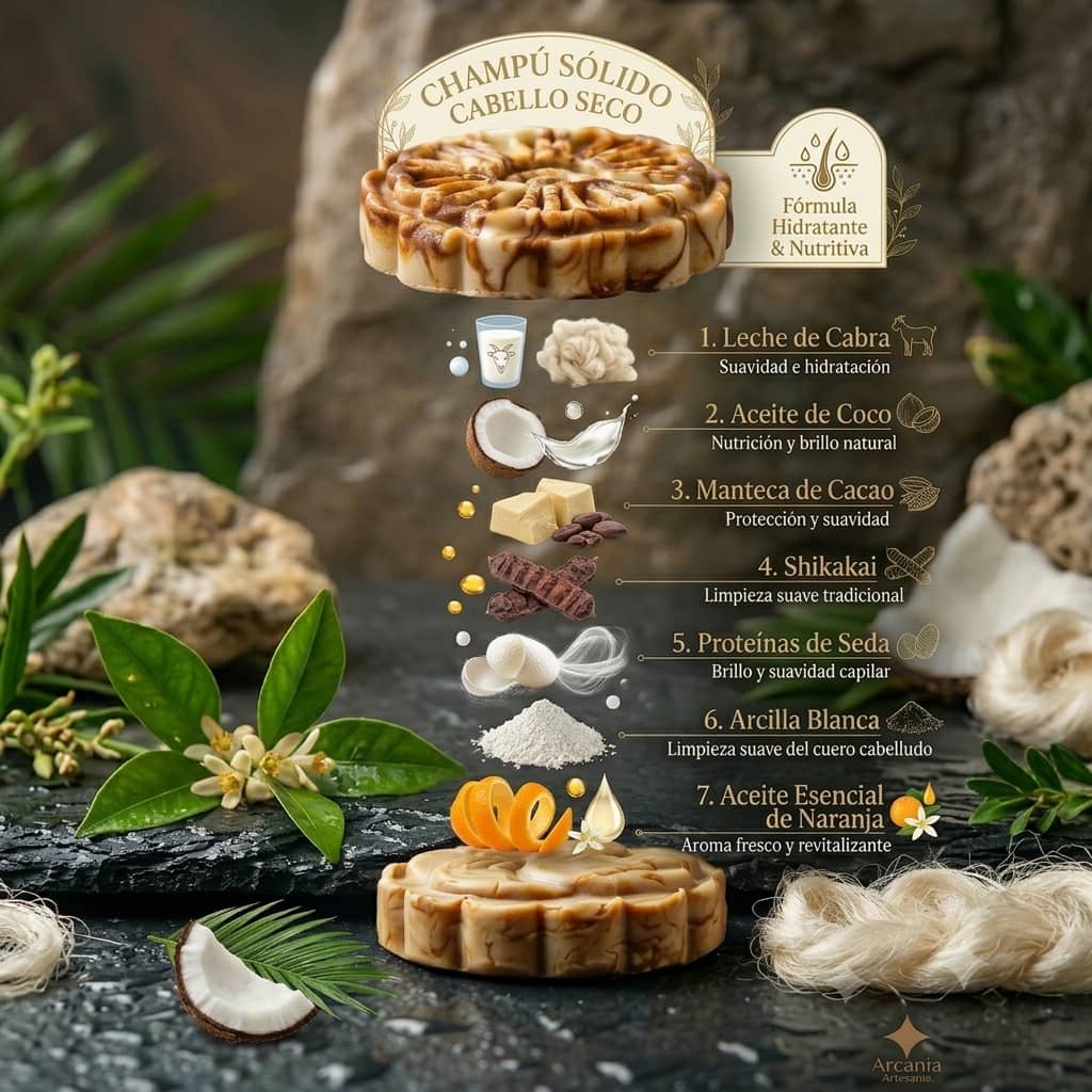 Champú Sólido Natural Cabello Seco - Leche de Cabra / Manteca de Cacao, arcania artesanía