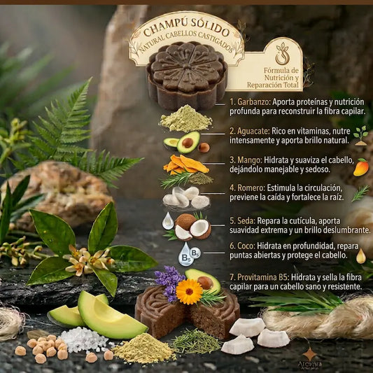 Champu Solido Natural Cabellos Castigados Aguacate Romero Coco Mango Seda hecho a mano arcania artesania