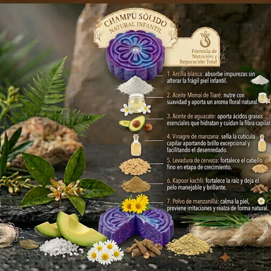 Champu Solido Natural Infantil Aceite de Monoi Aguacate Manzanilla Kapoor Kachli hecho a mano arcania artesania