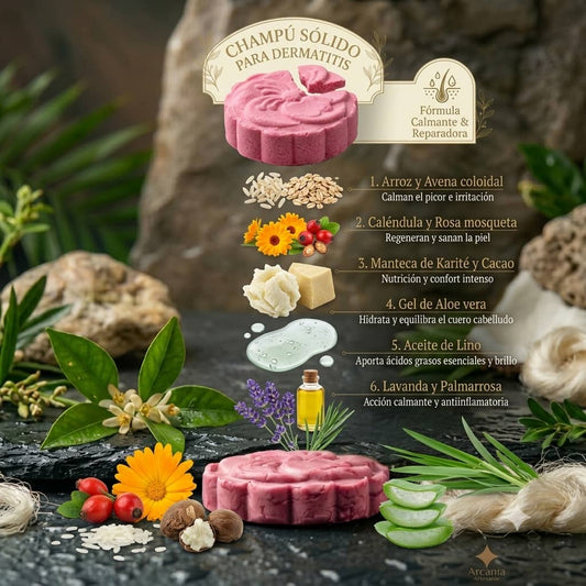 Champú Sólido Natural Para Dermatitis con Caléndula, Manteca de Karité, Arroz, Avena, Arcania Artesanía
