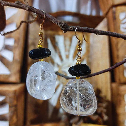 Pendientes Rodado Cuarzo Cristal y Ónix