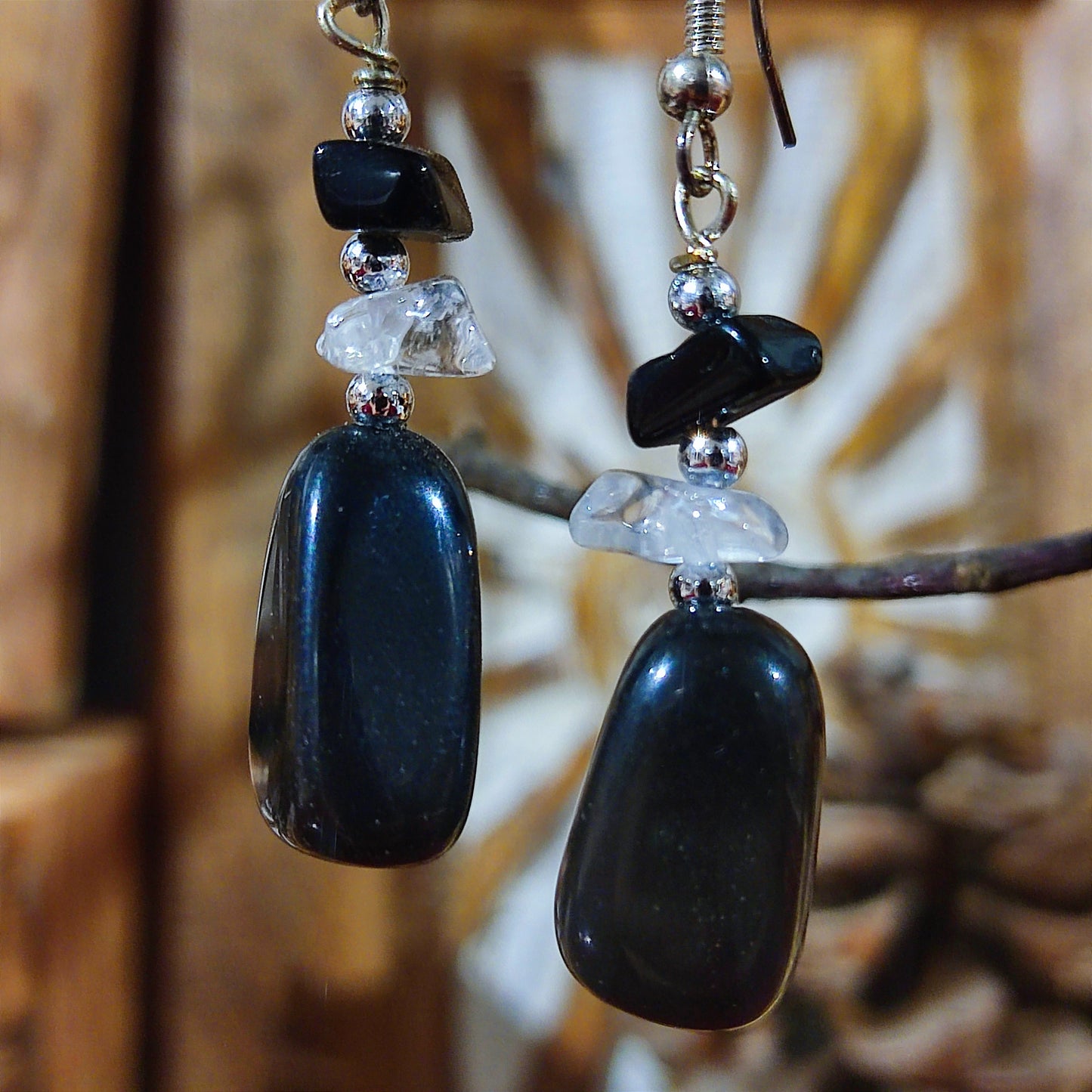 Pendientes Rodado Cuarzo Cristal y Ónix