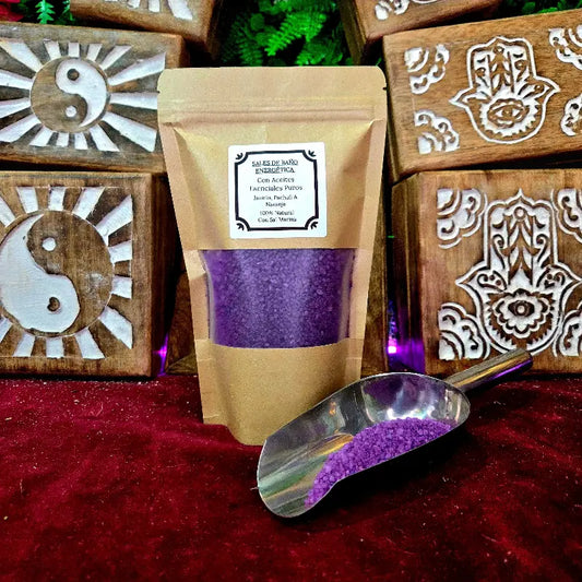 Sales de Bano Energeticas con Aceite Esencial de Jazmin, Pachuli y Naranja hechas a mano arcania artesanía